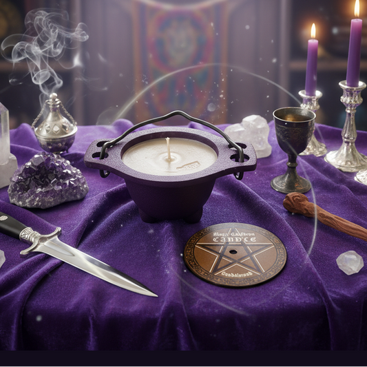 Exact purple altar candle holder set with premium altar ambiance and Witchy Like watermark