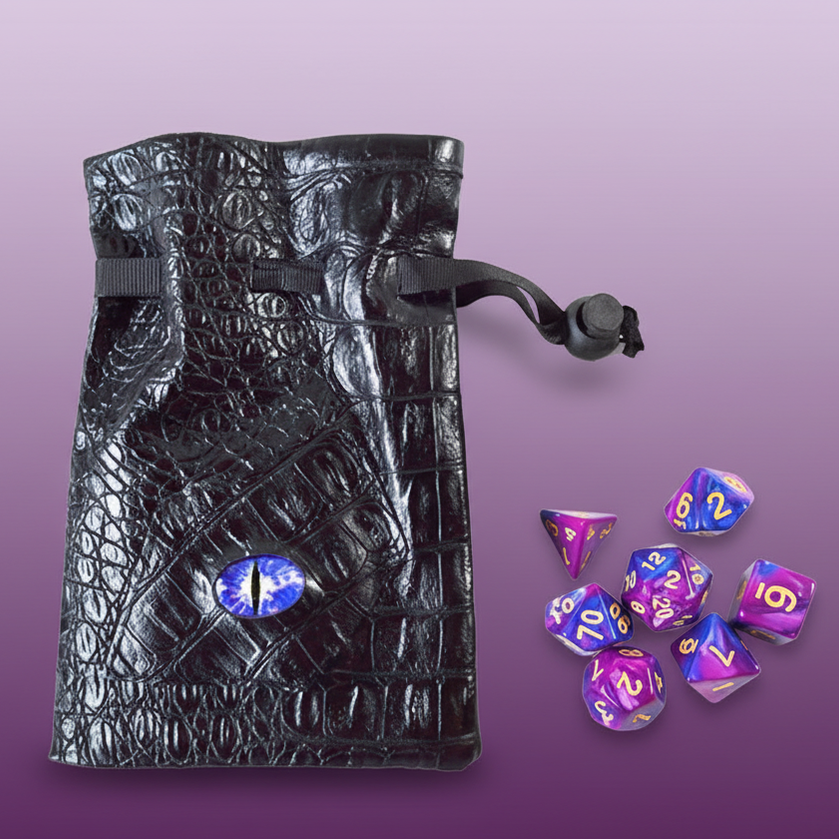 Exact purple blue dice set with dragon bag with clean professional styling and Witchy Like watermark