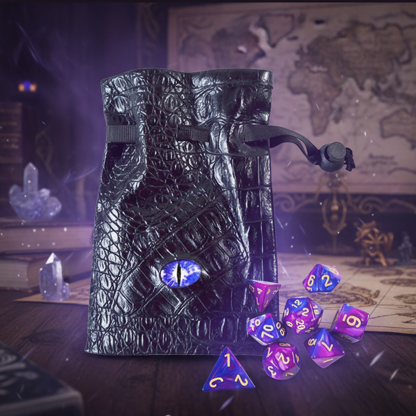 Exact purple blue dice set with dragon bag with premium gaming sanctuary ambiance and Witchy Like watermark