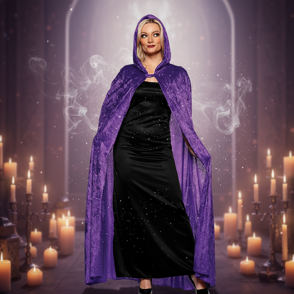 Exact purple hooded cloak with lighter mystical atmosphere