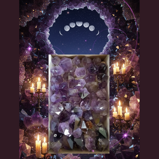 Exact raw amethyst crystals with professional mystical cave atmosphere