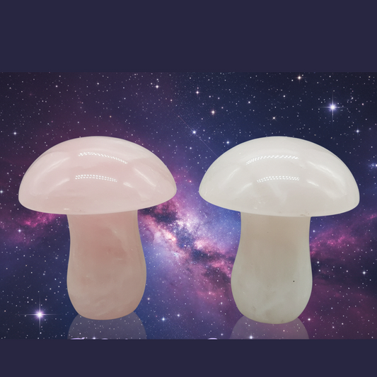 Exact rose quartz mushroom pair with cosmic mystical styling and Witchy Like watermark