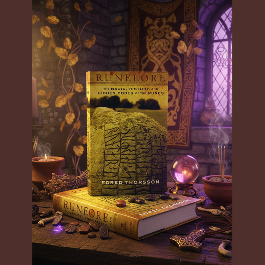 Exact Runelore book with premium Norse magic sanctuary ambiance and Witchy Like watermark
