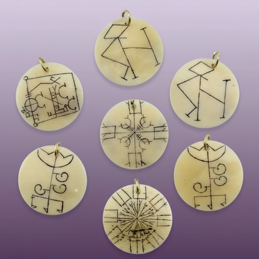Exact seven brass planetary sigil pendants with clean professional styling and Witchy Like watermark