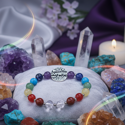 Exact seven chakra bracelet with Tree of Life charm with premium healing sanctuary ambiance and Witchy Like watermark