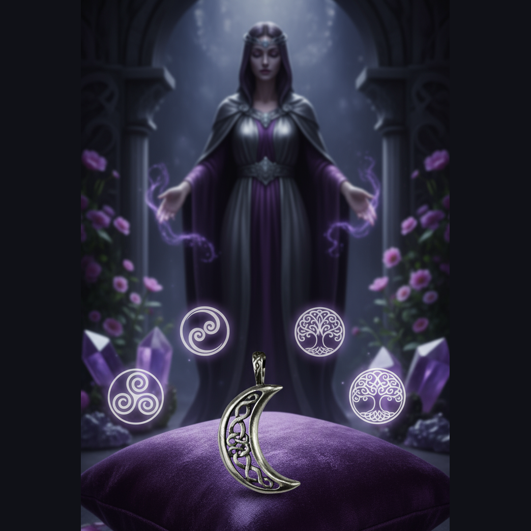 Exact silver Celtic moon pendant with premium Celtic moon sanctuary ambiance and Witchy Like watermark