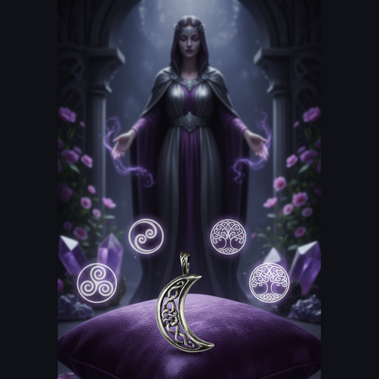 Exact silver Celtic moon pendant with premium Celtic moon sanctuary ambiance and Witchy Like watermark