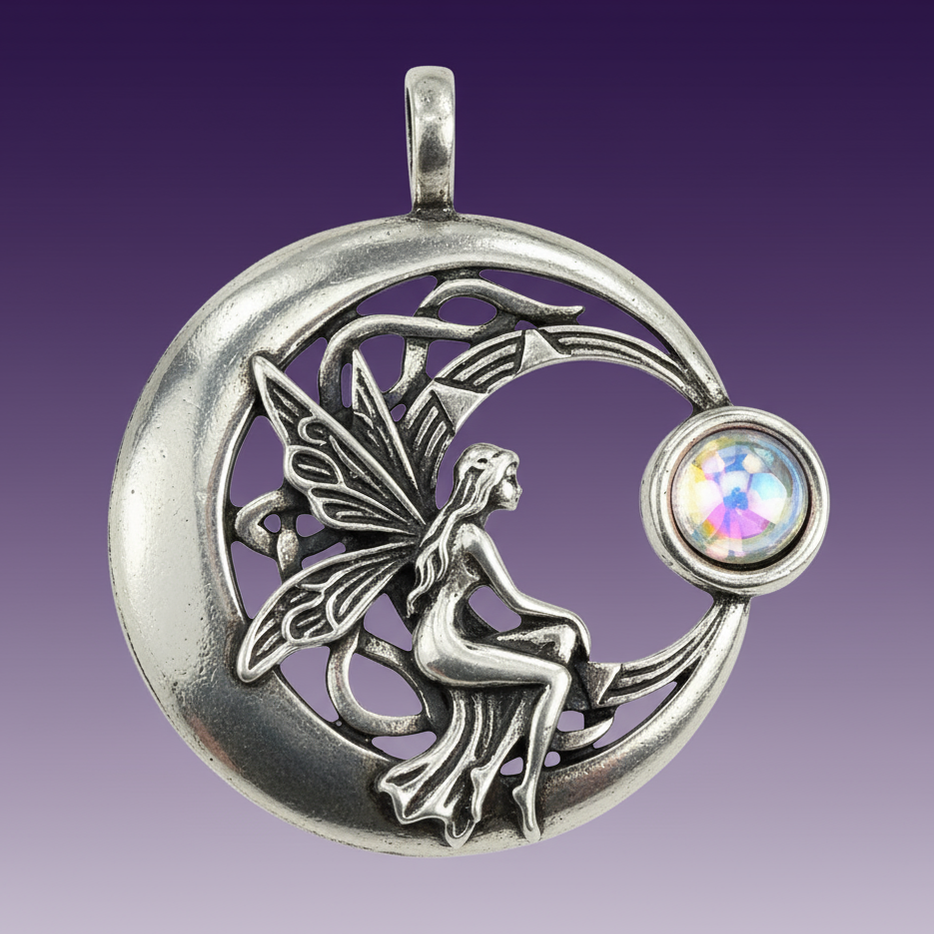 Exact silver crescent moon fairy pendant with clean professional styling and Witchy Like watermark