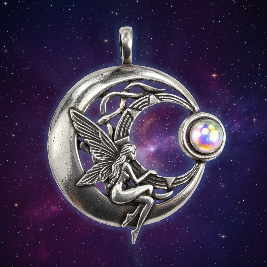 Exact silver crescent moon fairy pendant with cosmic mystical styling and Witchy Like watermark