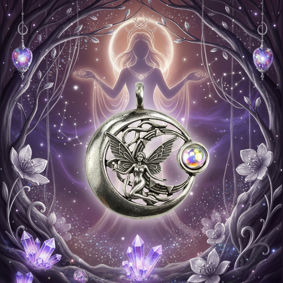 Exact silver crescent moon fairy pendant with premium fairy magic sanctuary ambiance and Witchy Like watermark