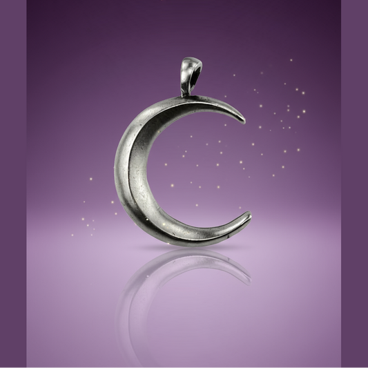 Exact silver crescent moon pendant with clean professional styling and Witchy Like watermark