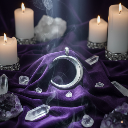 Exact silver crescent moon pendant with premium lunar ambiance and Witchy Like watermark