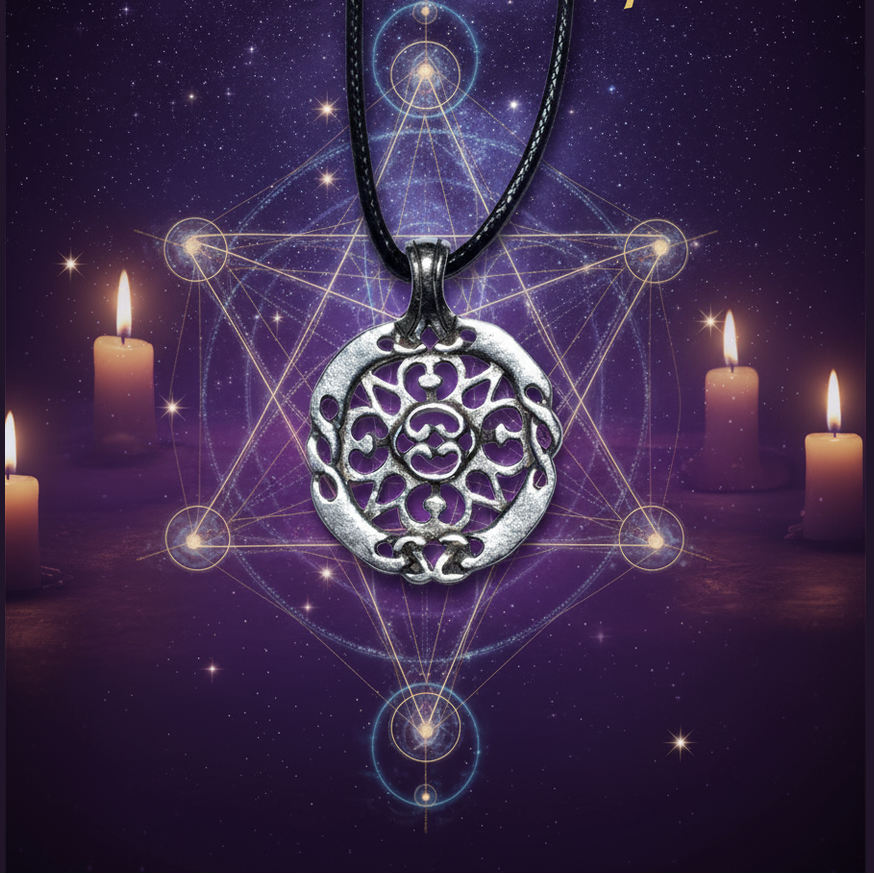 Exact silver filigree mandala pendant with cosmic mystical styling and Witchy Like watermark