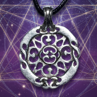 Exact silver filigree mandala pendant with cosmic mystical styling and Witchy Like watermark