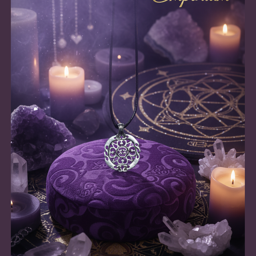 Exact silver filigree mandala pendant with premium sacred geometry ambiance and Witchy Like watermark