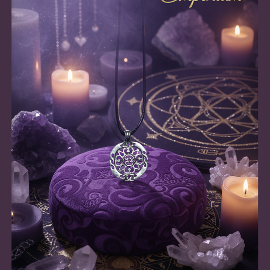 Exact silver filigree mandala pendant with premium sacred geometry ambiance and Witchy Like watermark