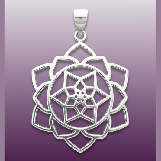 Exact silver lotus mandala pendant with clean professional styling and Witchy Like watermark