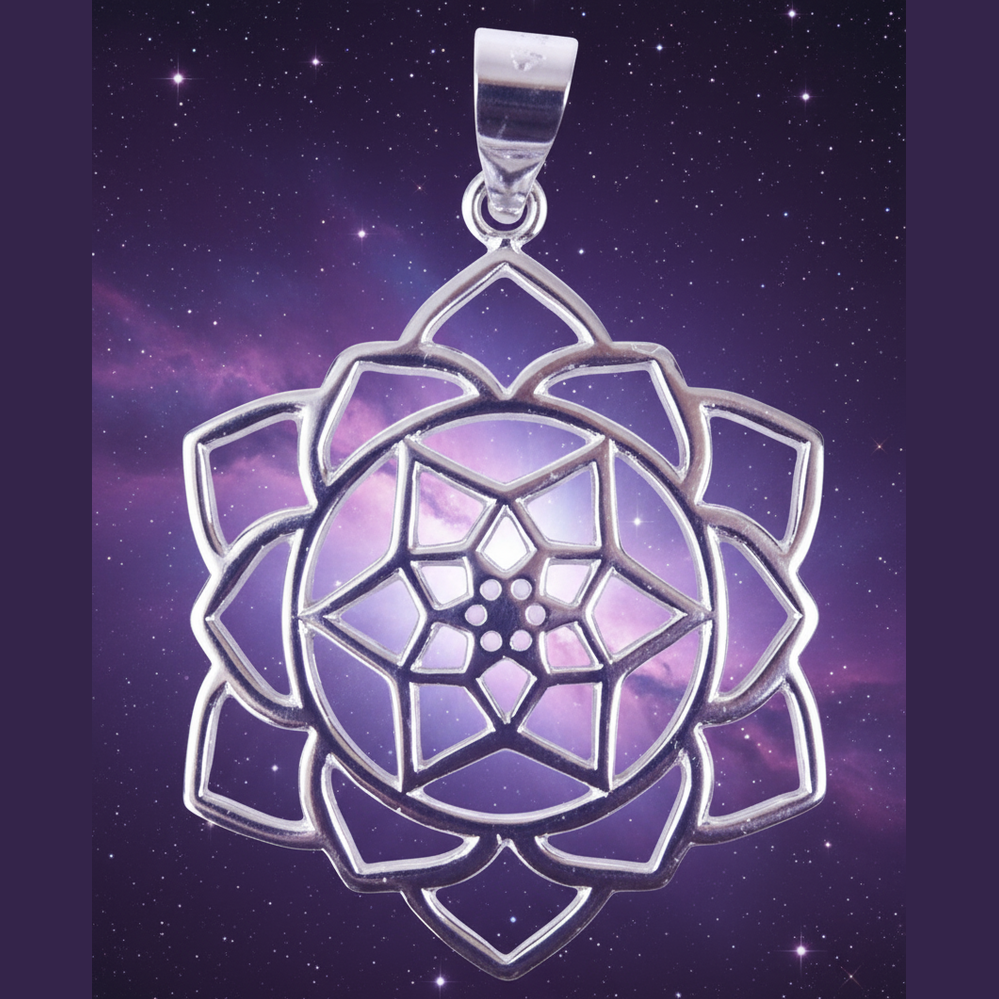 Exact silver lotus mandala pendant with cosmic mystical styling and Witchy Like watermark