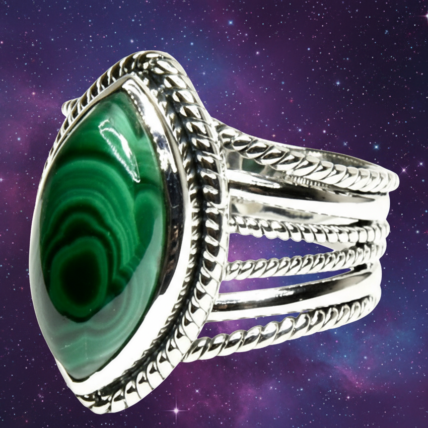 Exact silver malachite ring with cosmic mystical styling and Witchy Like watermark