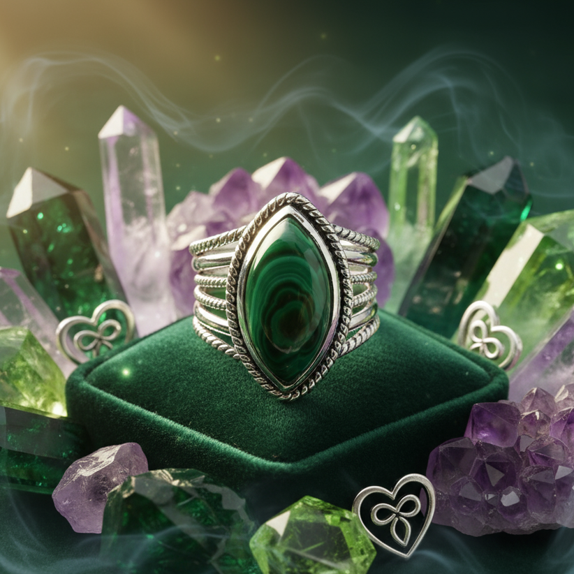 Exact silver malachite ring with premium crystal jewelry sanctuary ambiance and Witchy Like watermark