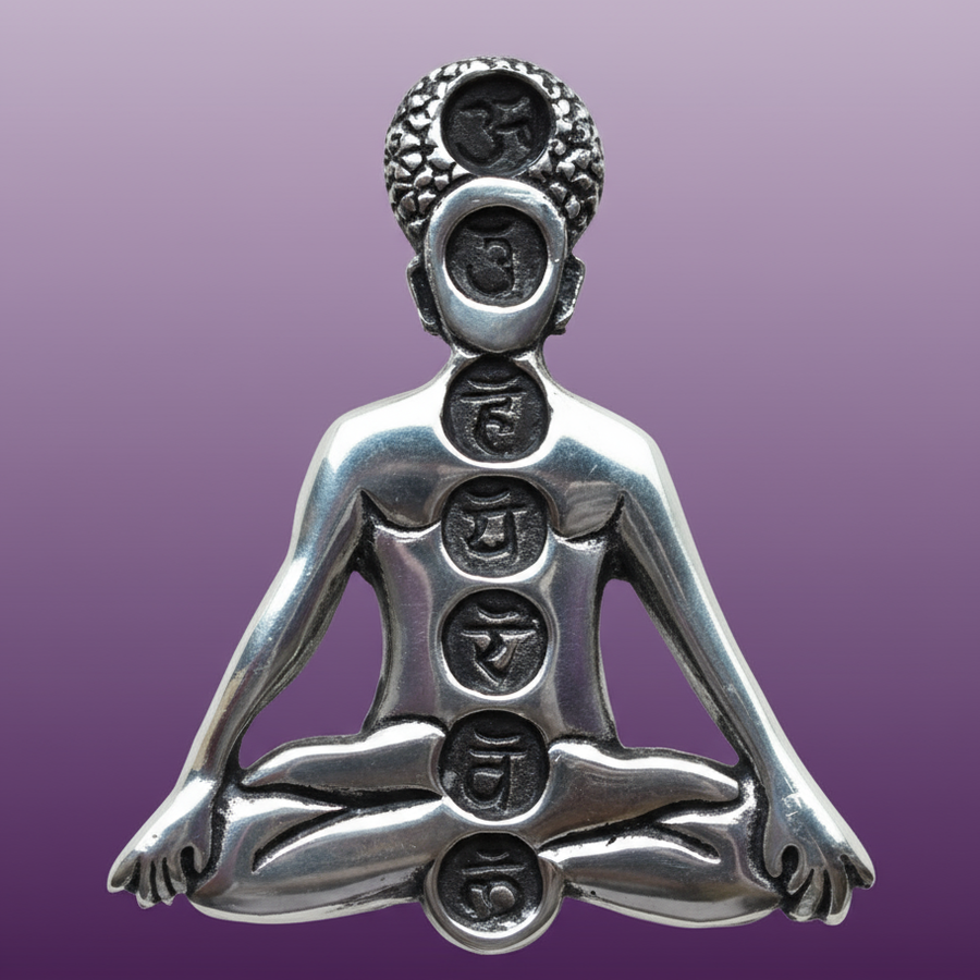 Exact silver meditating chakra figure with clean professional styling and Witchy Like watermark
