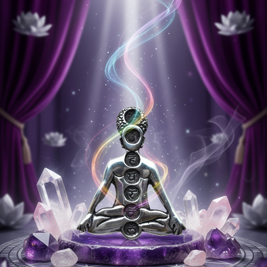 Exact silver meditating chakra figure with premium meditation sanctuary ambiance and Witchy Like watermark