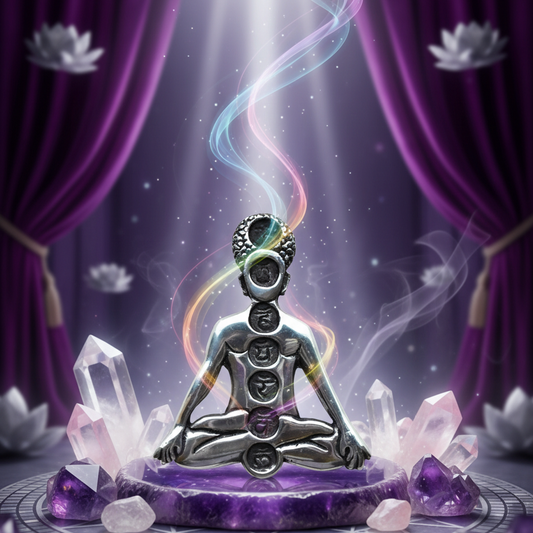 Exact silver meditating chakra figure with premium meditation sanctuary ambiance and Witchy Like watermark