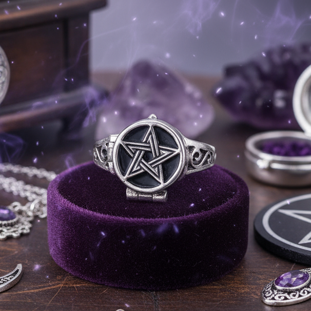 Exact silver pentagram poison ring with premium witchcraft jewelry sanctuary ambiance and Witchy Like watermark