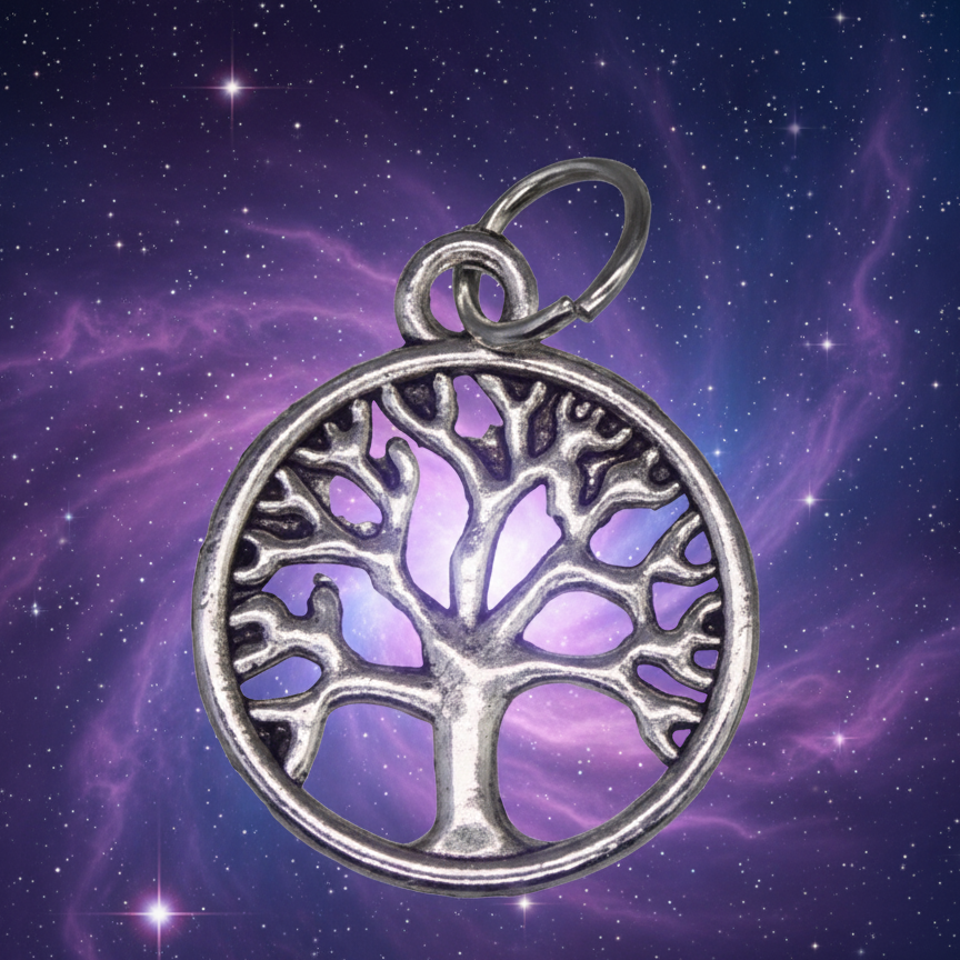Exact silver Tree of Life charm with cosmic mystical styling and Witchy Like watermark