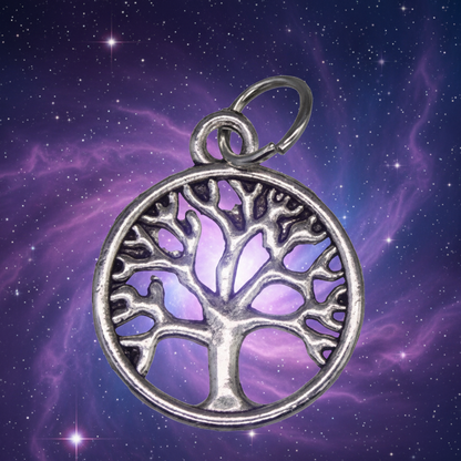 Exact silver Tree of Life charm with cosmic mystical styling and Witchy Like watermark