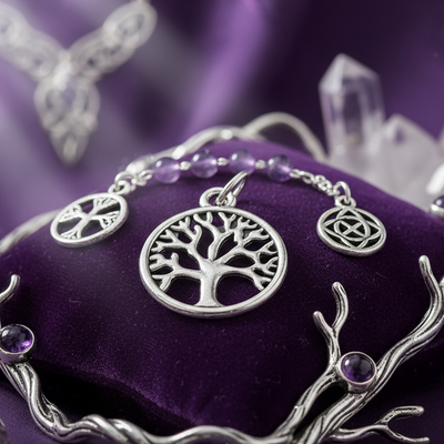 Exact silver Tree of Life charm with premium spiritual jewelry sanctuary ambiance and Witchy Like watermark