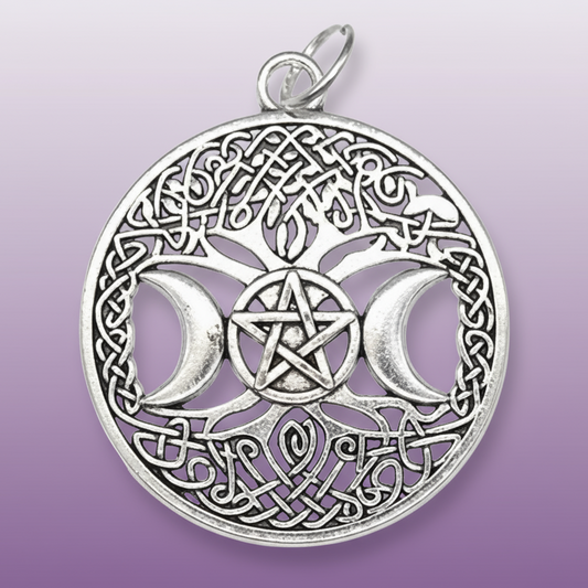 Exact silver triple moon pentacle pendant with clean professional styling and Witchy Like watermark