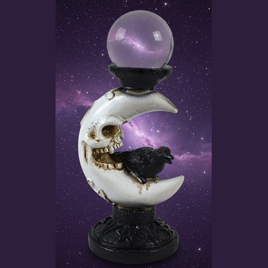 Exact skull and raven crystal ball holder with cosmic mystical styling and Witchy Like watermark