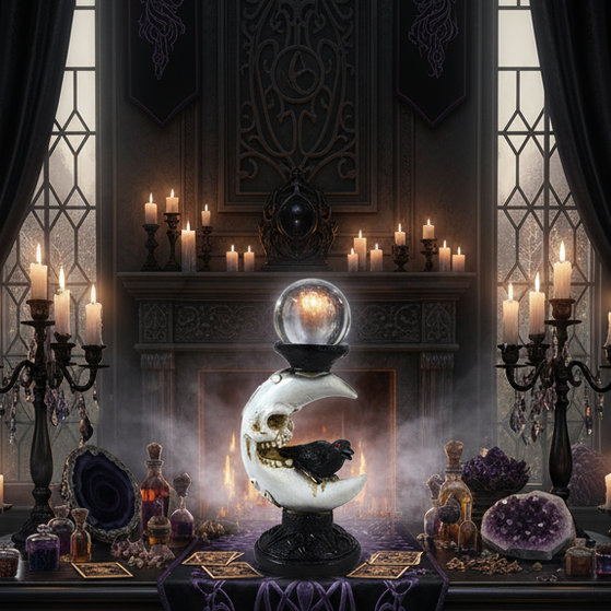 Exact skull and raven crystal ball holder with premium gothic divination sanctuary ambiance and Witchy Like watermark