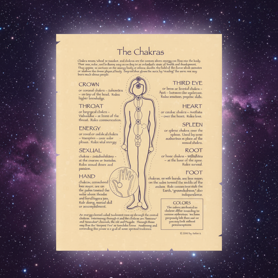 Exact The Chakras poster with cosmic mystical styling and Witchy Like watermark