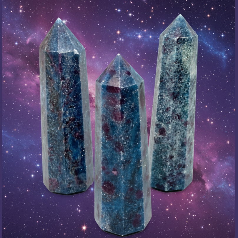 Exact three blue aventurine crystal points with cosmic mystical styling and Witchy Like watermark