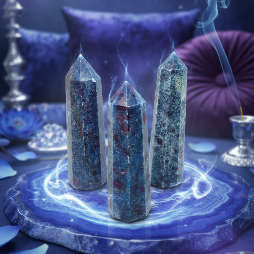 Exact three blue aventurine crystal points with premium healing sanctuary ambiance and Witchy Like watermark
