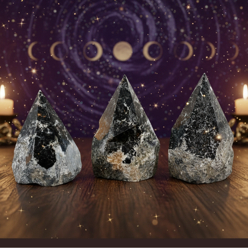 Exact three merlinite crystal points with cosmic mystical styling and Witchy Like watermark