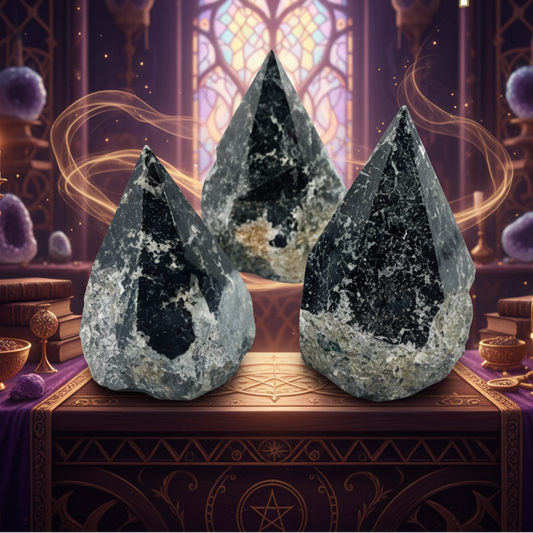 Exact three merlinite crystal points with premium shamanic ambiance and Witchy Like watermark
