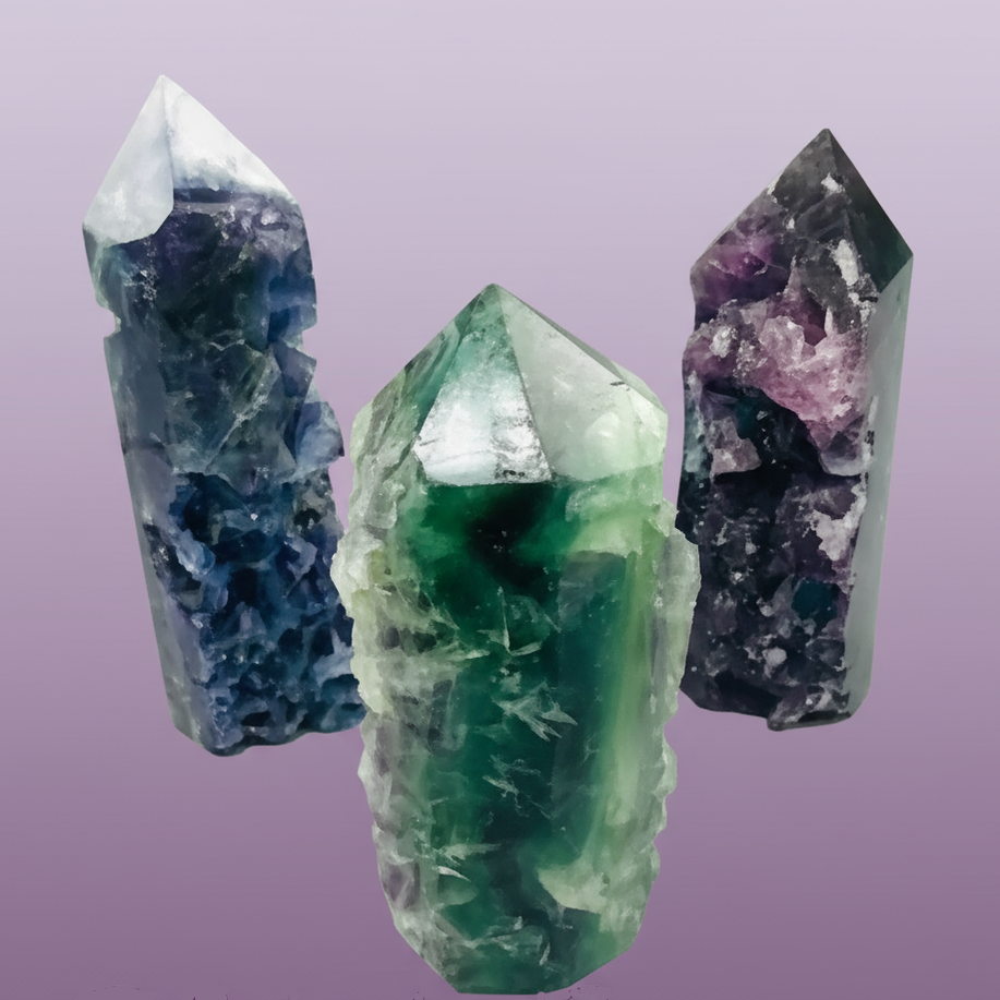 Exact three rainbow fluorite towers with clean professional styling and Witchy Like watermark