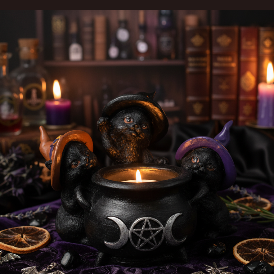 Exact Three Wise Witches cauldron with premium witchy sanctuary ambiance and Witchy Like watermark