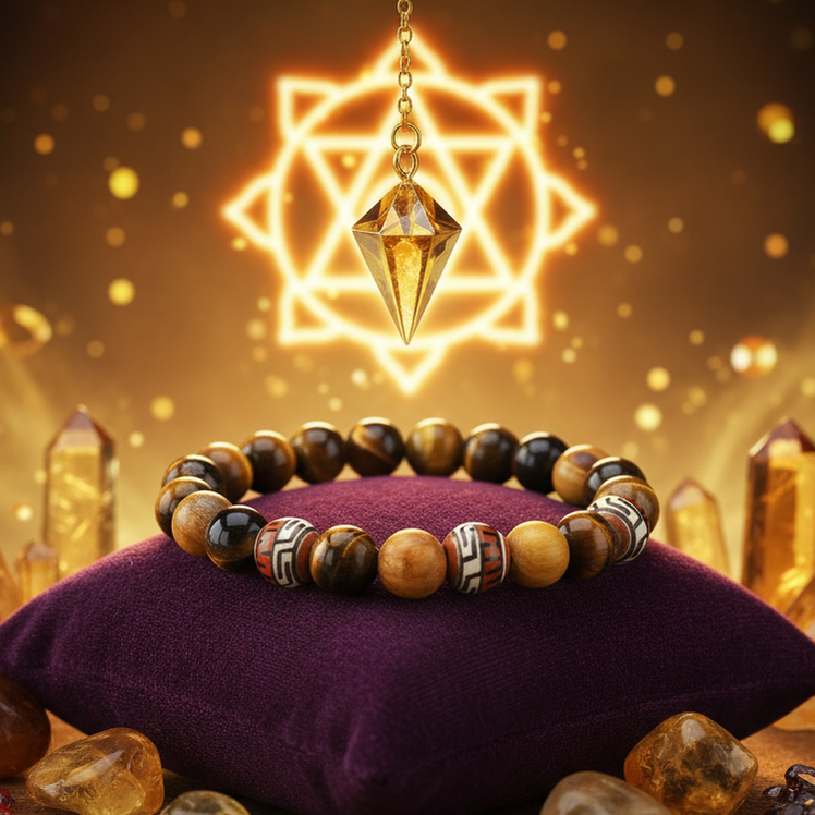 Exact tiger's eye bracelet with decorative beads with premium healing sanctuary ambiance and Witchy Like watermark