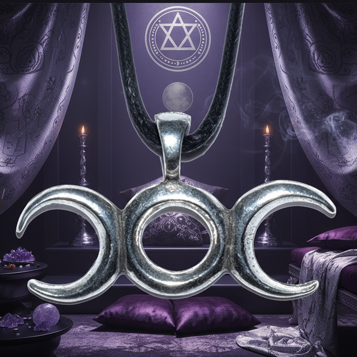 Exact triple moon goddess pendant with premium goddess worship sanctuary ambiance and Witchy Like watermark