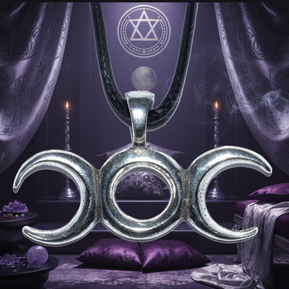Exact triple moon goddess pendant with premium goddess worship sanctuary ambiance and Witchy Like watermark