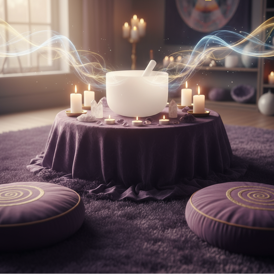 Exact white ceramic singing bowl with premium meditation ambiance and Witchy Like watermark