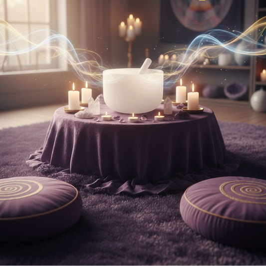 Exact white ceramic singing bowl with premium meditation ambiance and Witchy Like watermark