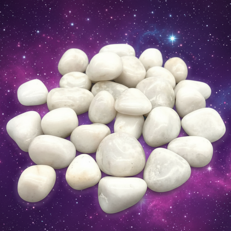 Exact white howlite tumbled stone collection with cosmic mystical styling and Witchy Like watermark
