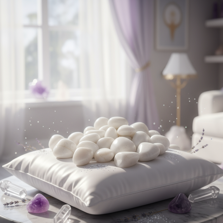 Exact white howlite tumbled stone collection with premium healing sanctuary ambiance and Witchy Like watermark