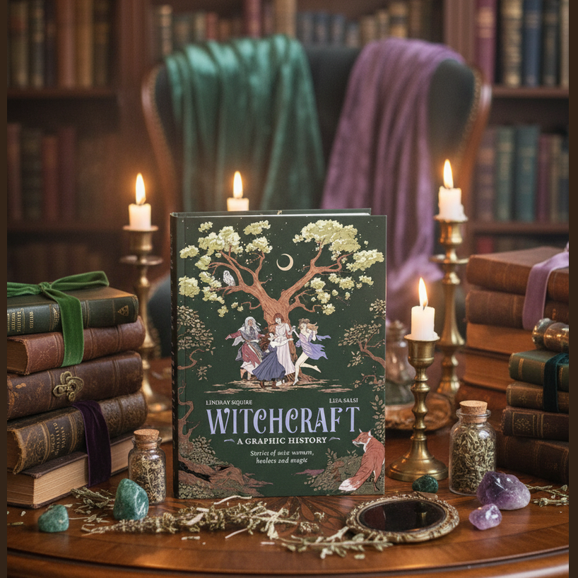 Exact Witchcraft Graphic History book with premium library sanctuary ambiance and Witchy Like watermark