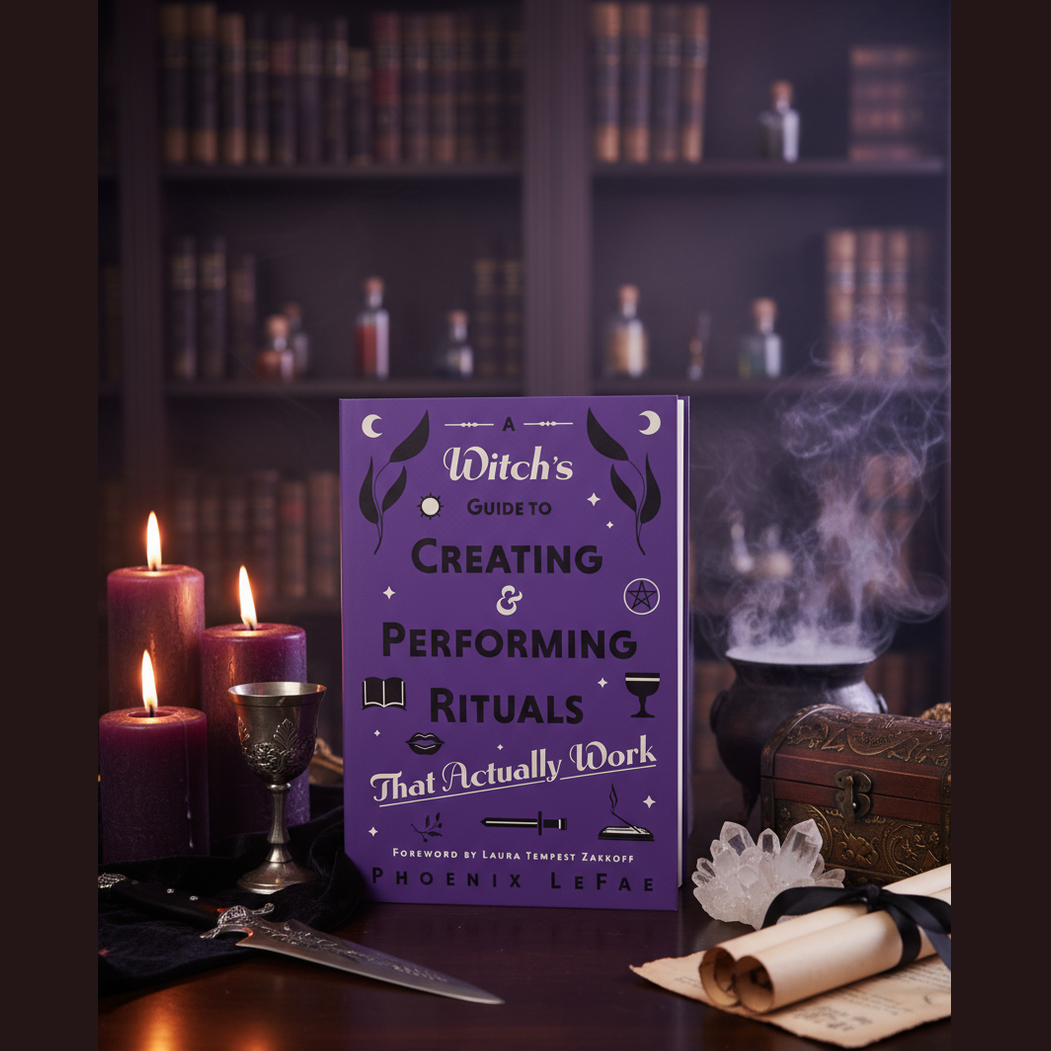 Exact Witch's Guide to Rituals book with premium witchcraft library sanctuary ambiance and Witchy Like watermark